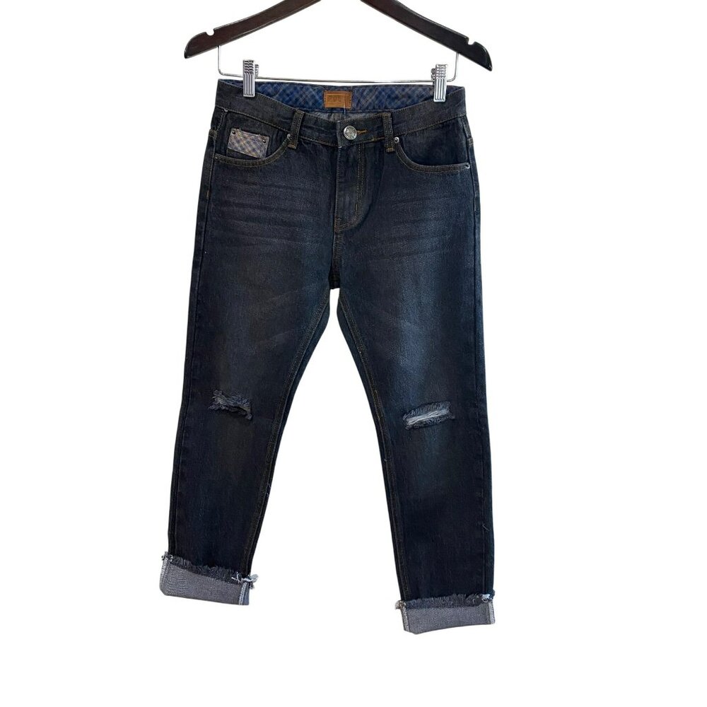 NWT POL Distressed Mid-Rise Black Denim Jeans With Plaid Lining Size S